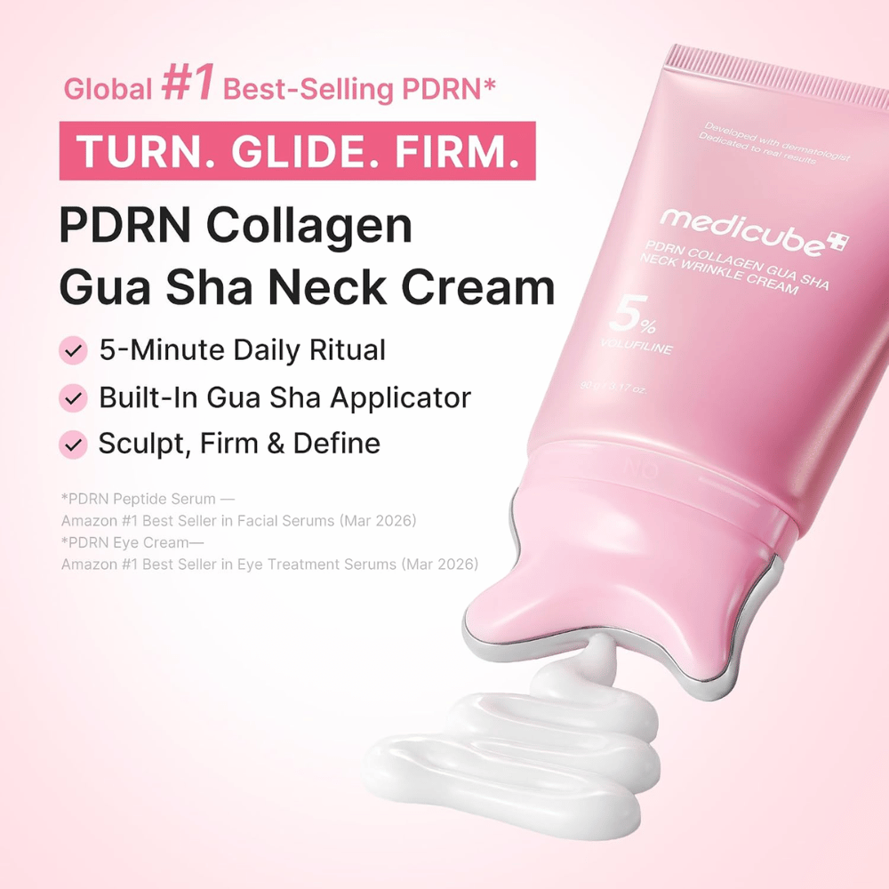 5. Medicube PDRN Collagen Gua Sha Neck Wrinkle Cream – creme de pescoço cor-de-rosa com aplicador gua sha e textura cremosa