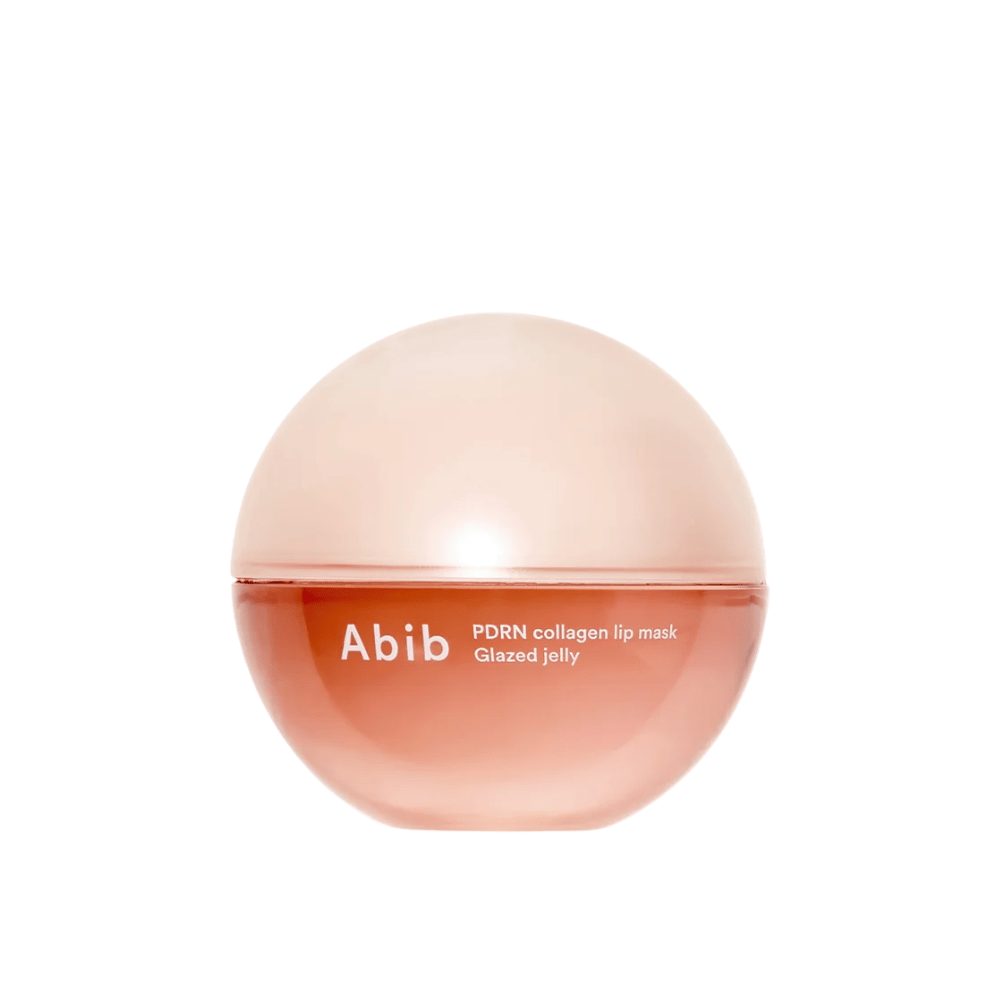 Lata redonda rosa com o texto "Abib PDRN Collagen Lip Mask Glazed Jelly" na frente, fotografada contra fundo branco.