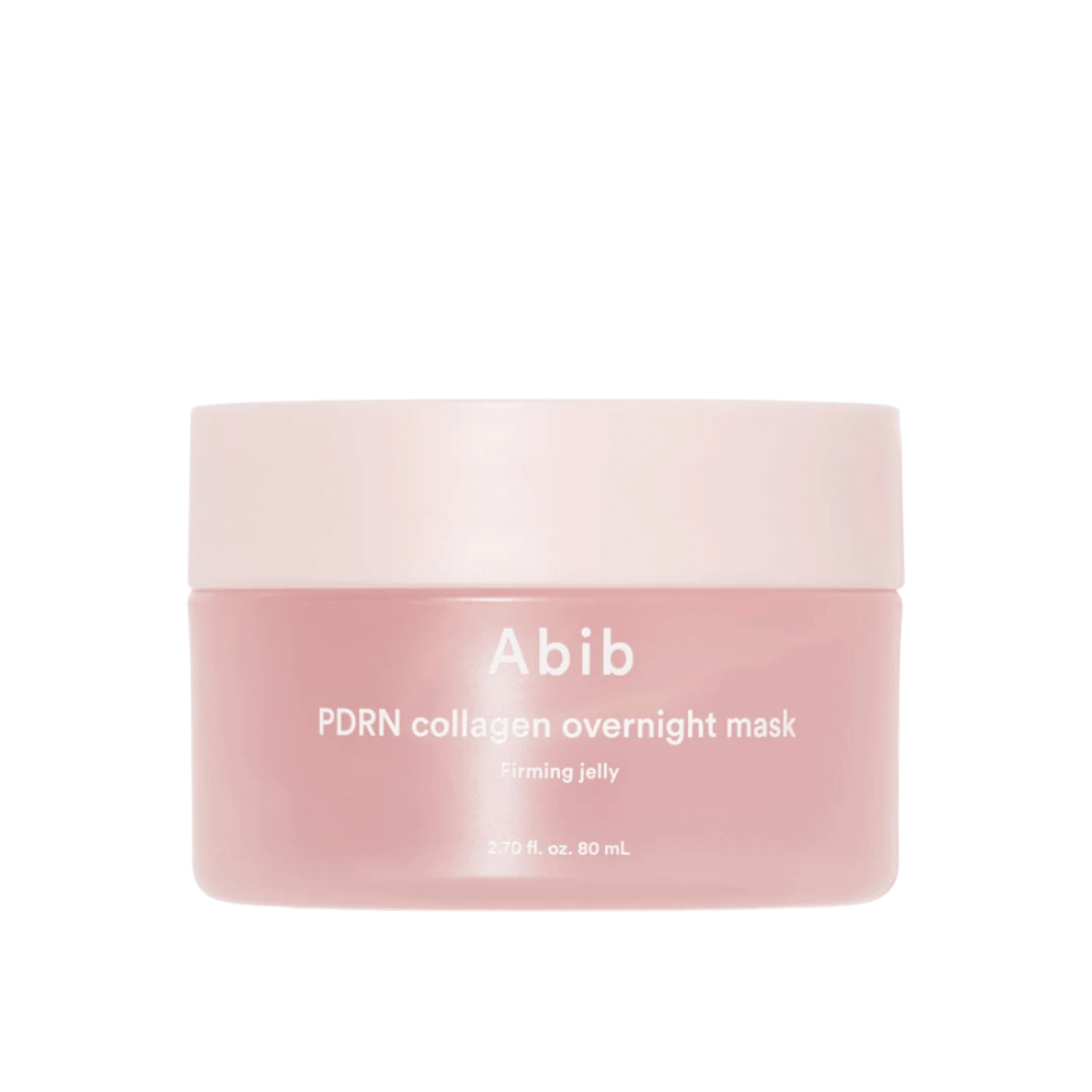 Imagem minimalista do produto de Abib PDRN Collagen Overnight Mask em boião rosa, com foco no design e no nome do produto sobre fundo claro.