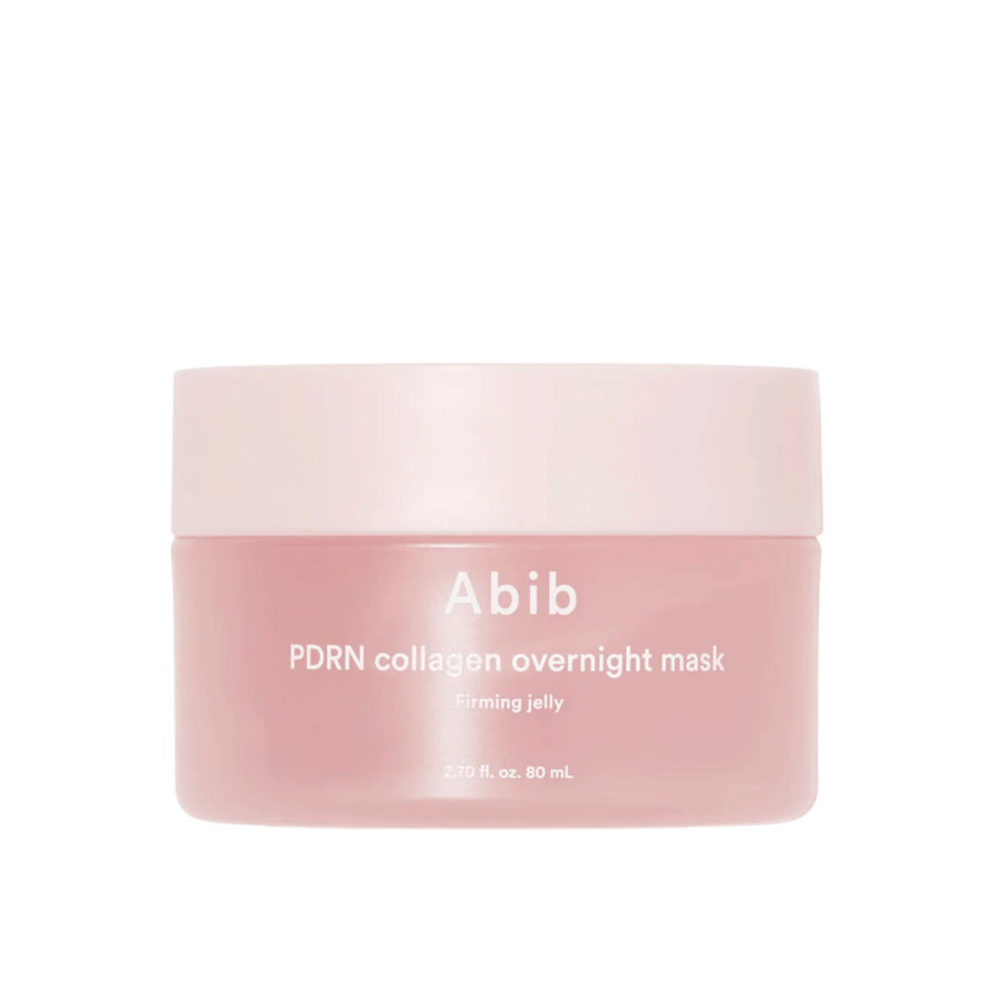 Imagem minimalista do produto de Abib PDRN Collagen Overnight Mask em boião rosa, com foco no design e no nome do produto sobre fundo claro.