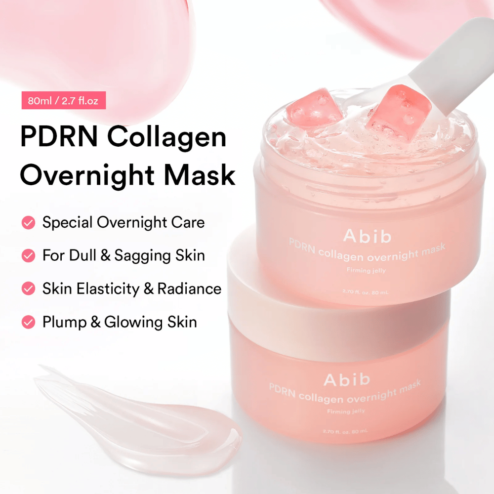 Imagem do produto de Abib PDRN Collagen Overnight Mask com textura de gel rosa e espátula de silicone que realçam as propriedades hidratantes e iluminadoras da máscara de noite.