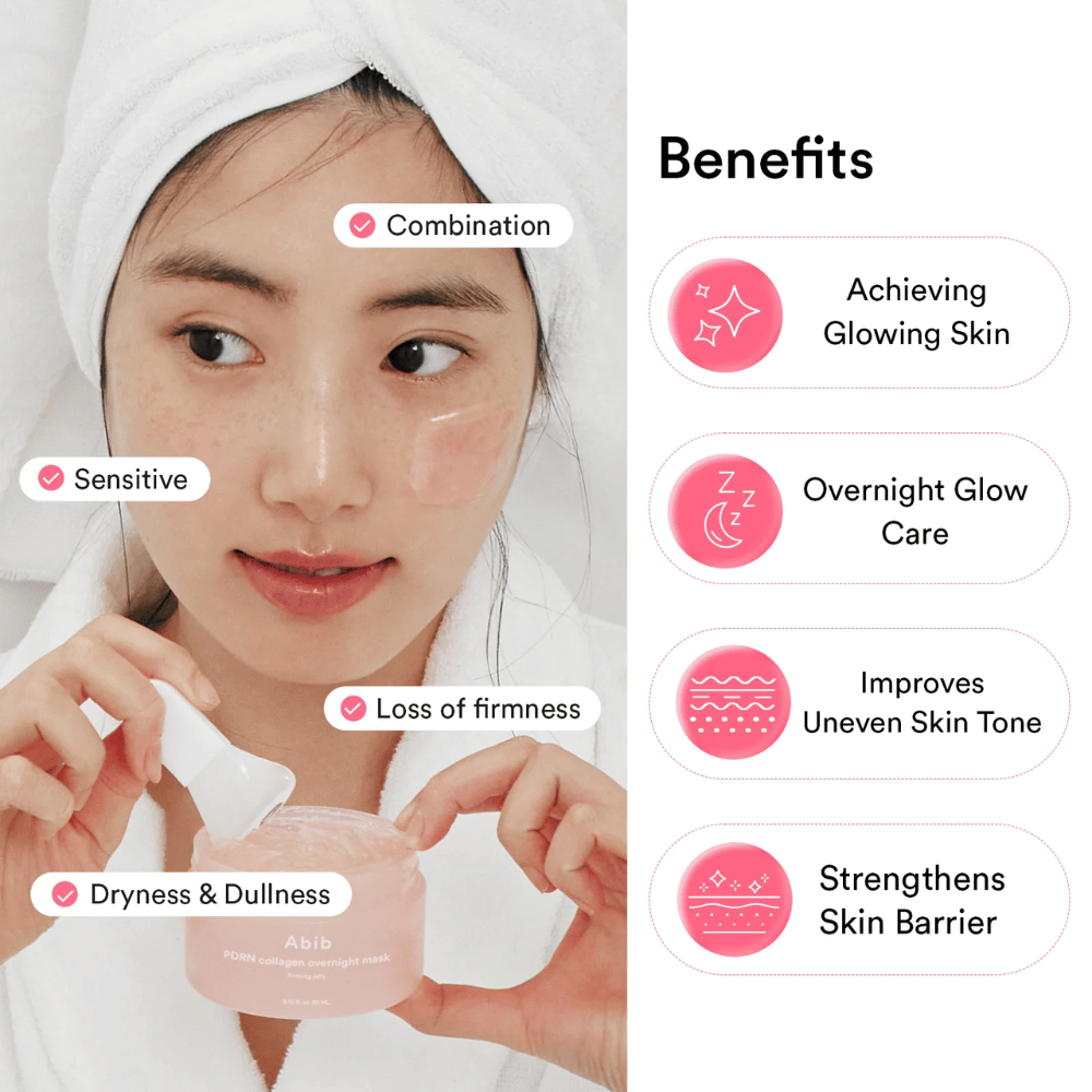 Imagem que destaca os benefícios do produto para pele sensível, seca e baça, bem como o foco no glow, na barreira cutânea e na elasticidade melhorada.