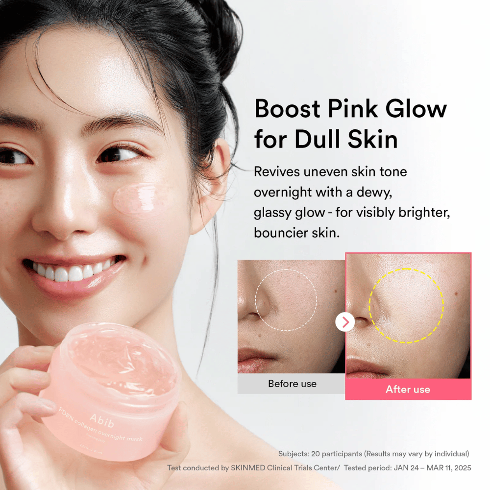 Modelo a segurar Abib PDRN Collagen Overnight Mask juntamente com ilustração de antes e depois que mostra glow e um tom de pele mais uniforme após utilização durante a noite.