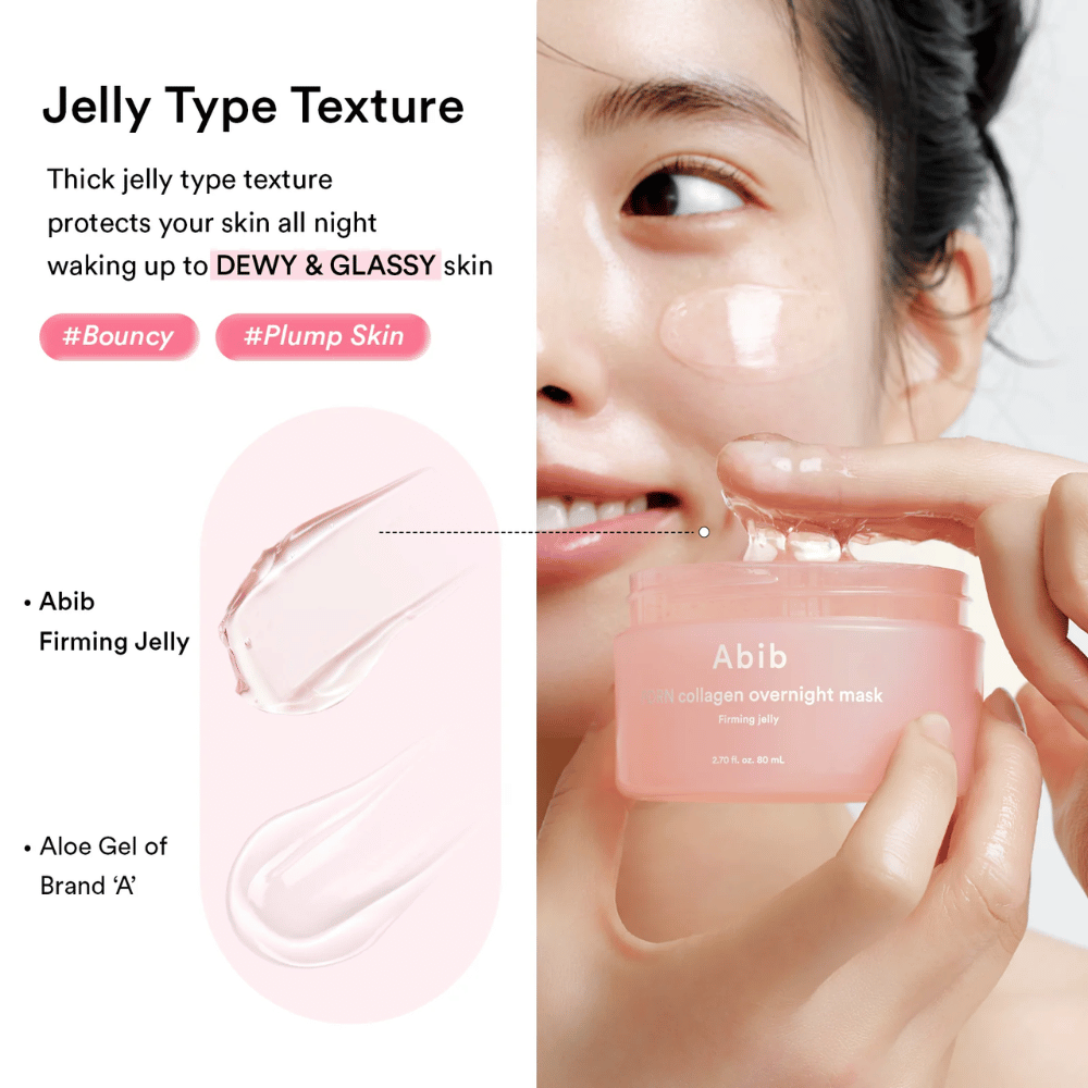 Imagem aproximada da consistência semelhante a gel de Abib PDRN Collagen Overnight Mask que mostra uma textura rica e brilhante desenvolvida para uma pele hidratada e luminosa.