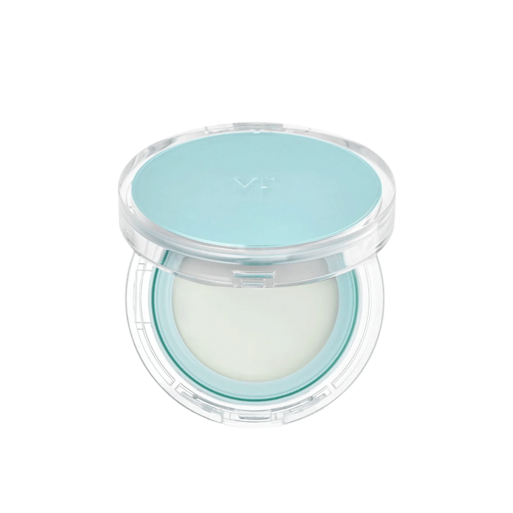 Pote aberta com VT PDRN Essence Glow Sun Pact. Tem uma superfície interna branca com uma tampa azul, projetada para proporcionar um resultado radiante na pele.