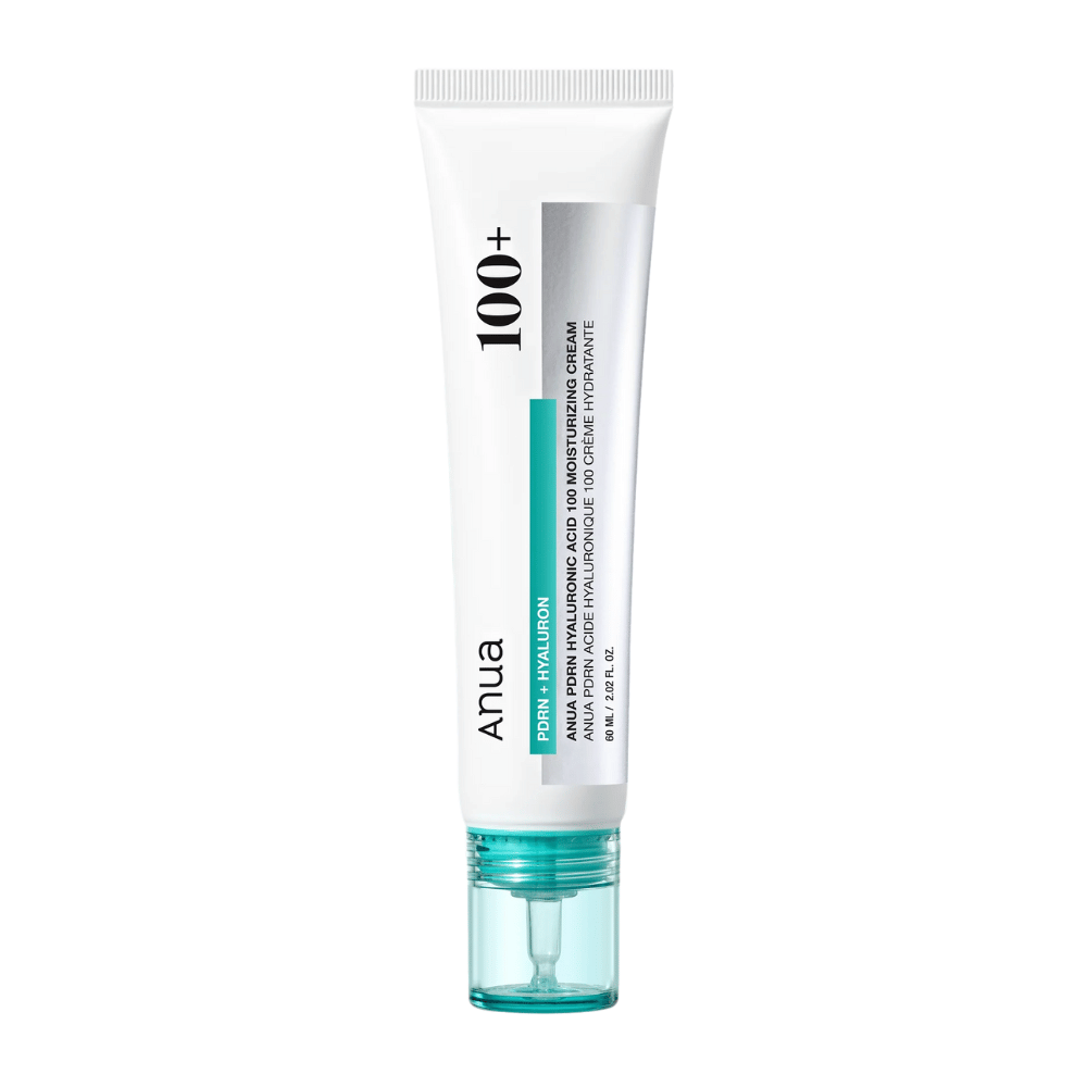 Imagem do produto em Anua PDRN Hyaluronic Acid 100 Moisturizing Cream em tubo branco com detalhe turquesa – creme facial coreano para hidratação profunda.