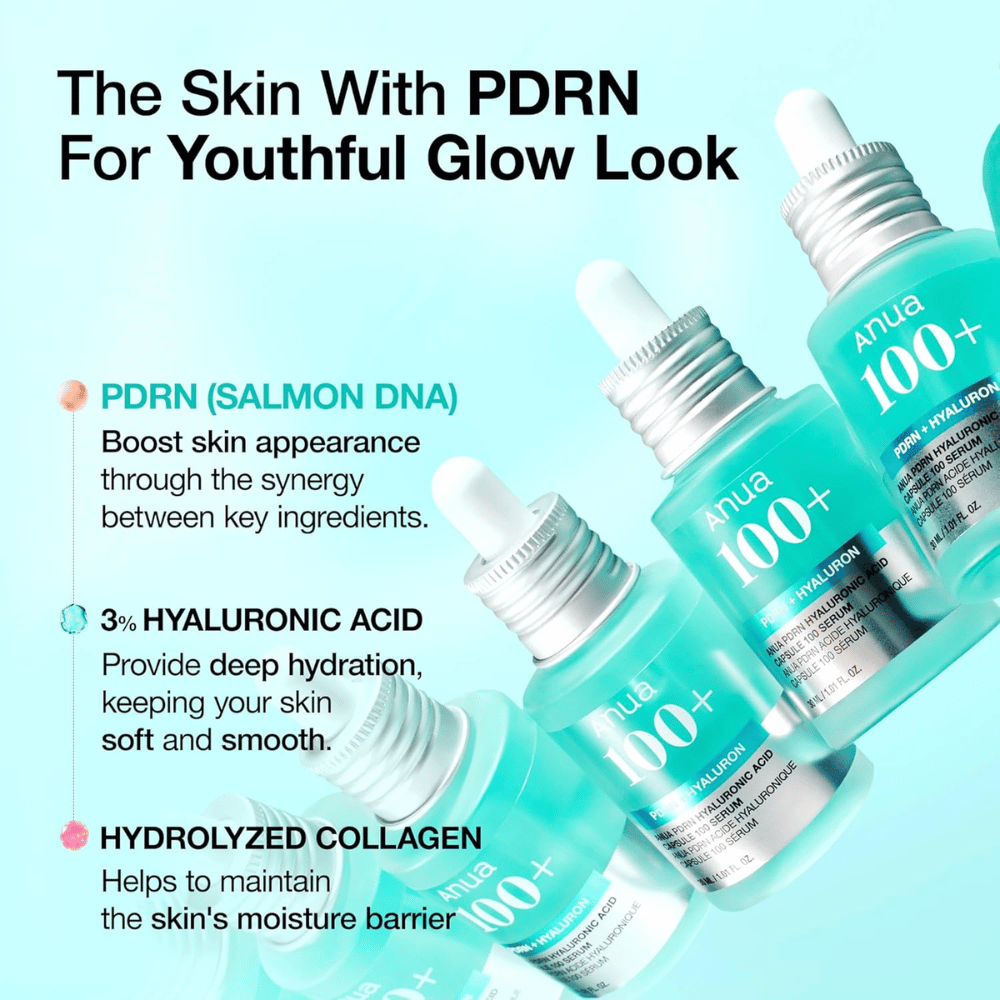 Anua PDRN Hyaluronic Acid Capsule 100 Serum é um poderoso produto de cuidados com a pele que contém PDRN (DNA de salmão) para melhorar a aparência da pele, 3% de ácido hialurônico para hidratação profunda e colágeno hidrolisado para fortalecer a barreira de hidratação da pele. Perfeito para um brilho jovem!