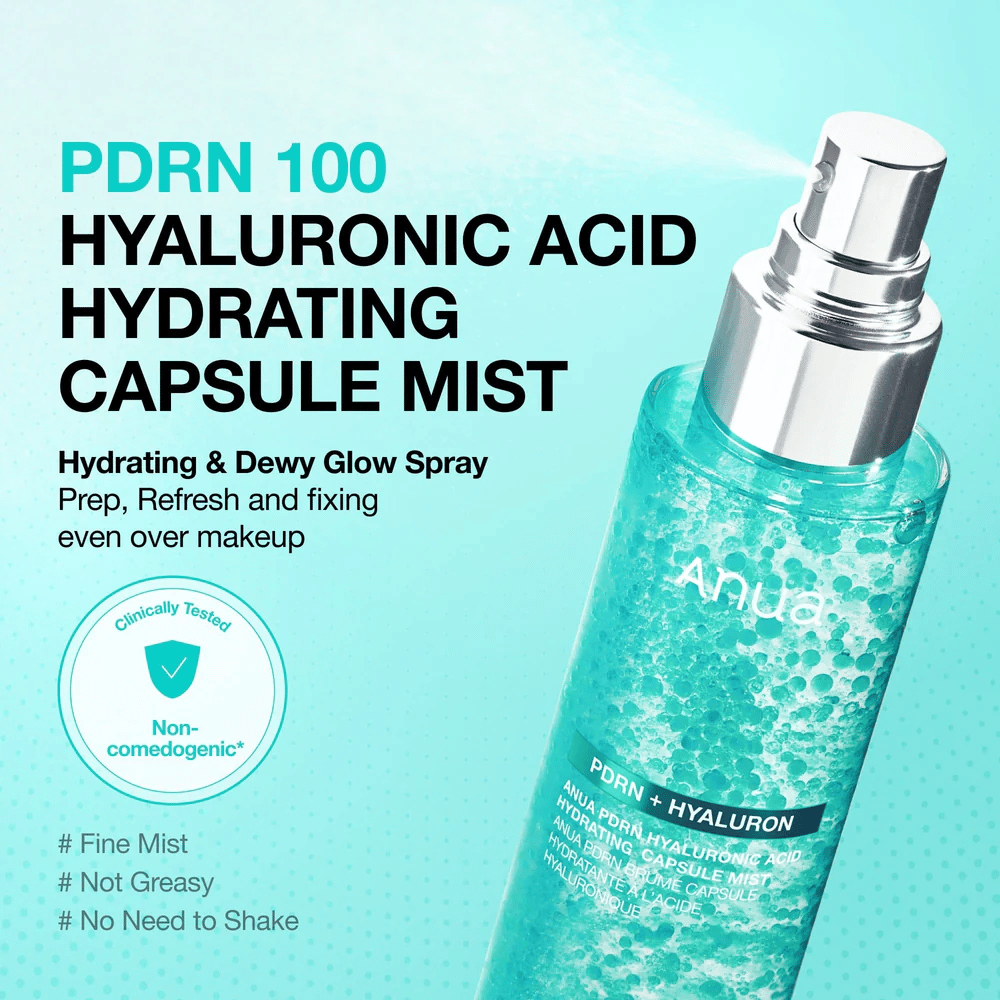 Imagem do produto com foco na função de spray. O texto descreve o produto como uma bruma hidratante que proporciona glow, pode ser usada sobre a maquilhagem e não deixa sensação oleosa.