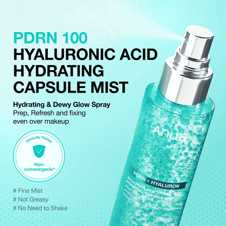 Imagem do produto com foco na função de spray. O texto descreve o produto como uma bruma hidratante que proporciona glow, pode ser usada sobre a maquilhagem e não deixa sensação oleosa.