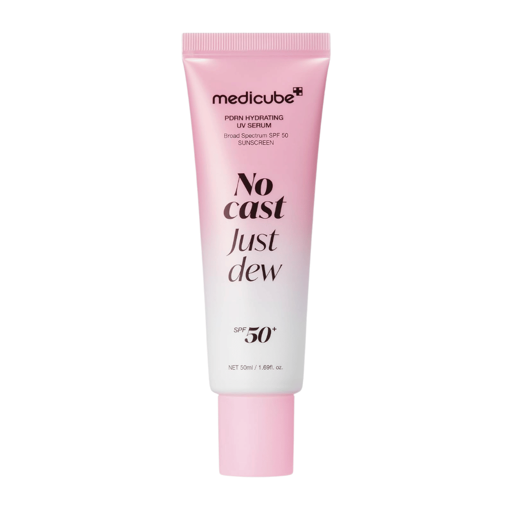 6. Medicube PDRN Hydrating UV Serum SPF 50+ 50 ml – tubo rosa e branco com protetor solar hidratante para o rosto