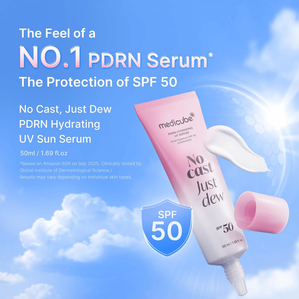 5. Medicube PDRN Hydrating UV Serum SPF 50+ 50 ml – sérum solar hidratante leve com elevada proteção UV e acabamento luminoso