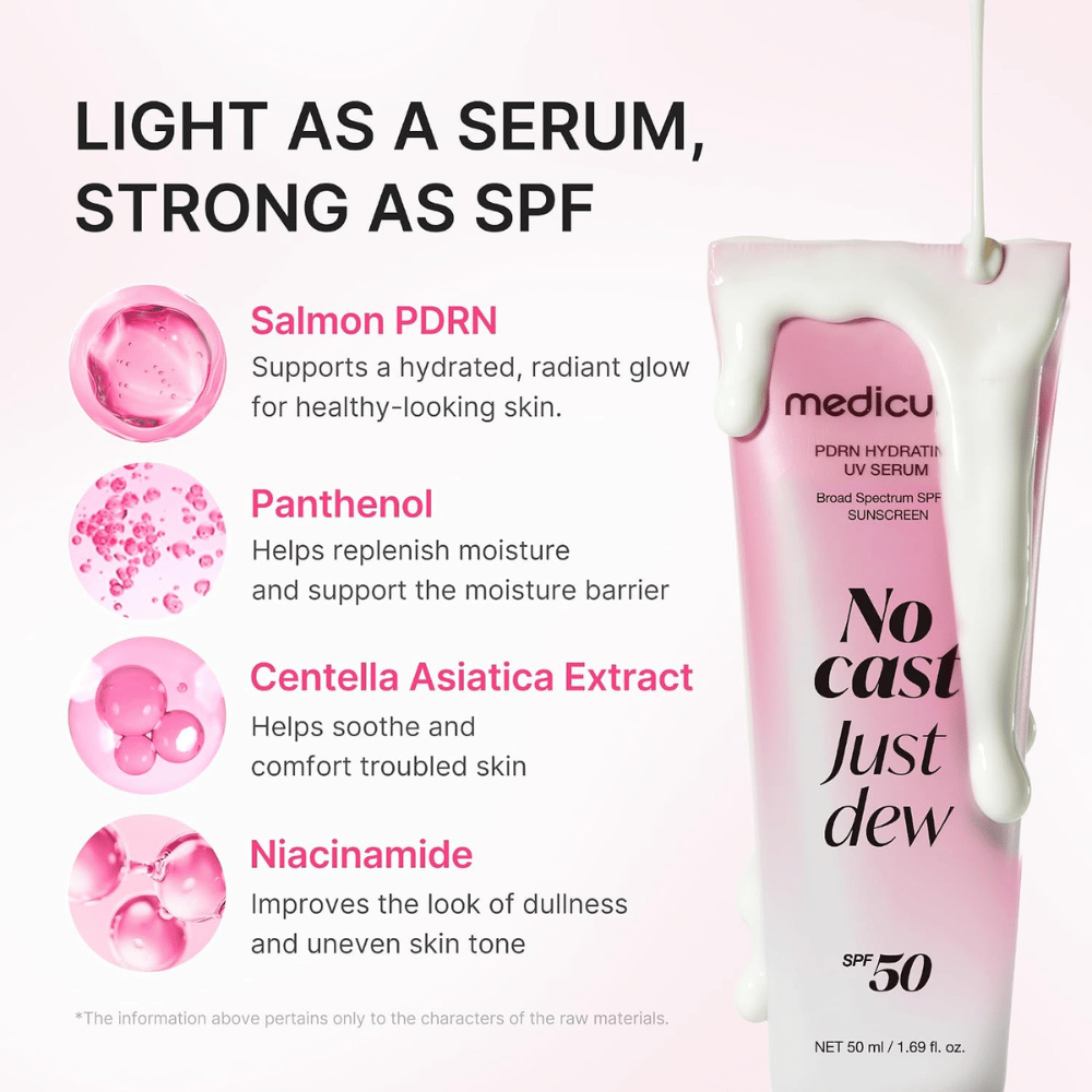 4. Medicube PDRN Hydrating UV Serum SPF 50+ – protetor solar com PDRN, pantenol, centella asiatica e niacinamida