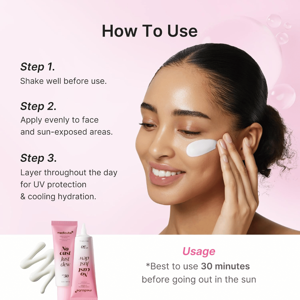 1. Medicube PDRN Hydrating UV Serum SPF 50+ – aplicação de protetor solar hidratante no rosto com instruções de utilização