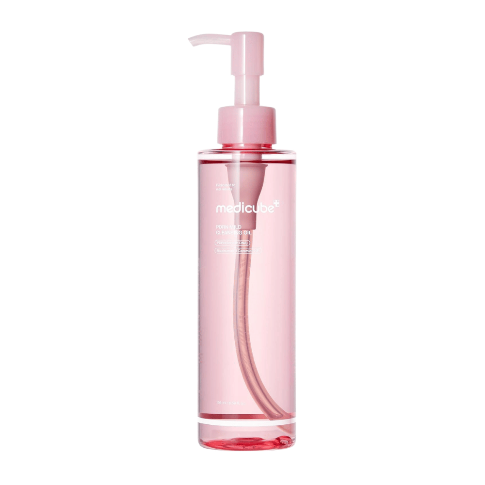 5. Medicube PDRN Mild Cleansing Oil 195 ml – óleo de limpeza rosa com frasco doseador para o rosto