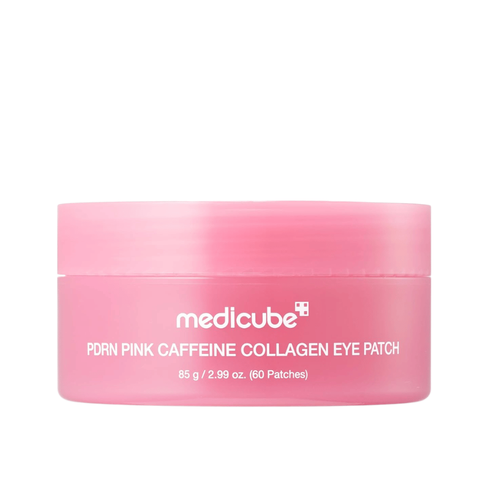 5. Medicube PDRN Pink Caffeine Collagen Eye Patch 60 un. – boião rosa com eye patches de hidrogel hidratantes sobre fundo branco