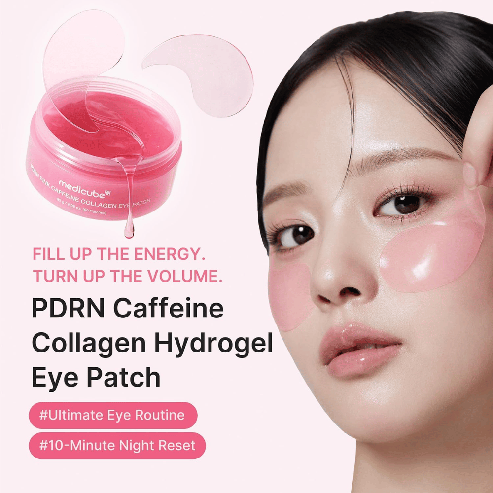 4. Medicube PDRN Pink Caffeine Collagen Eye Patch – máscaras de olhos cor-de-rosa hidratantes com hidrogel que dão luminosidade à pele