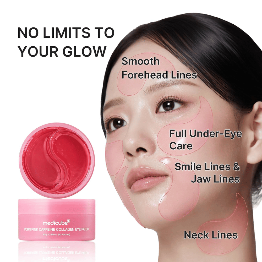 1. Medicube PDRN Pink Caffeine Collagen Eye Patch – máscaras de hidrogel para linhas finas à volta dos olhos, testa, linha do maxilar e pescoço