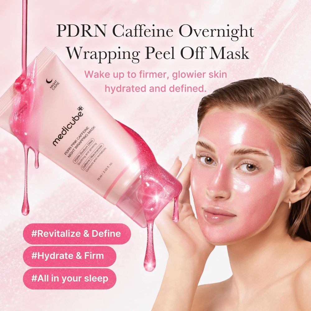 Medicube PDRN Pink Caffeine Night Wrapping Mask – máscara de noite peel-off rosa com PDRN e cafeína para hidratação, luminosidade e uma sensação mais firme.