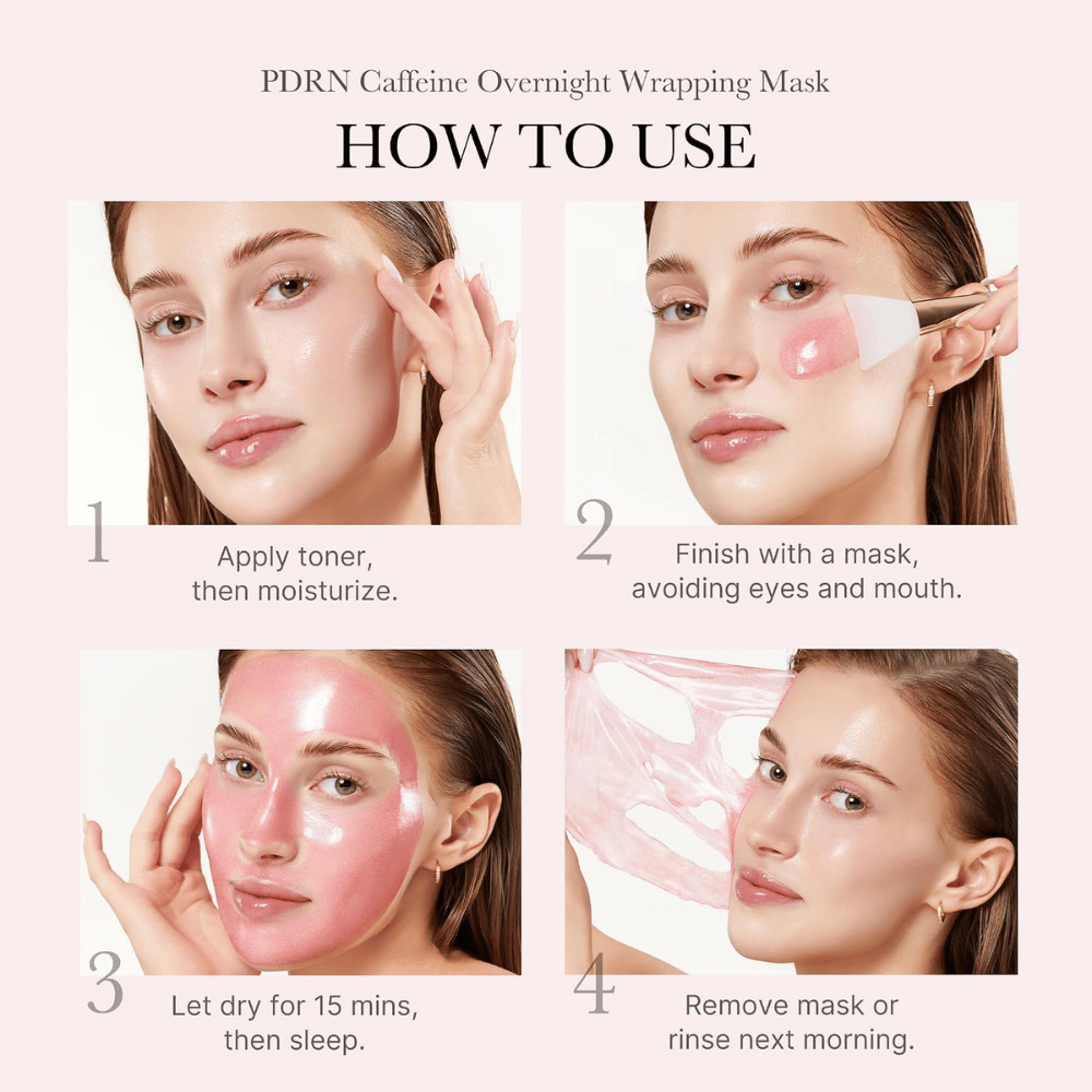 Como usar Medicube PDRN Pink Caffeine Night Wrapping Mask – aplique à noite, deixe secar e remova a máscara de manhã.