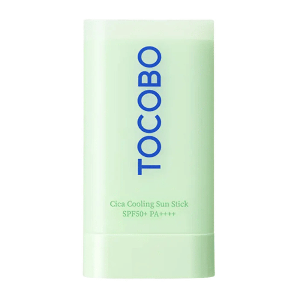 Tocobo Cica Cooling Sun Stick SPF50+ PA++++ em embalagem verde menta com texto azul, mostrado contra fundo branco.