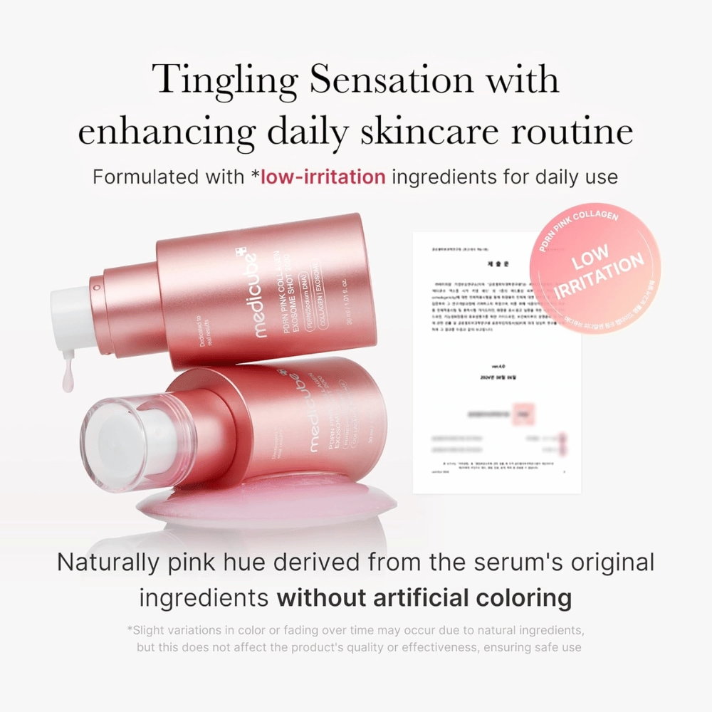Medicube PDRN Pink Collagen Exosome Shot 2000 com informação sobre baixa irritação. O produto tem uma cor naturalmente rosa proveniente dos ingredientes e foi desenvolvido para uso diário com uma sensação suave na pele.