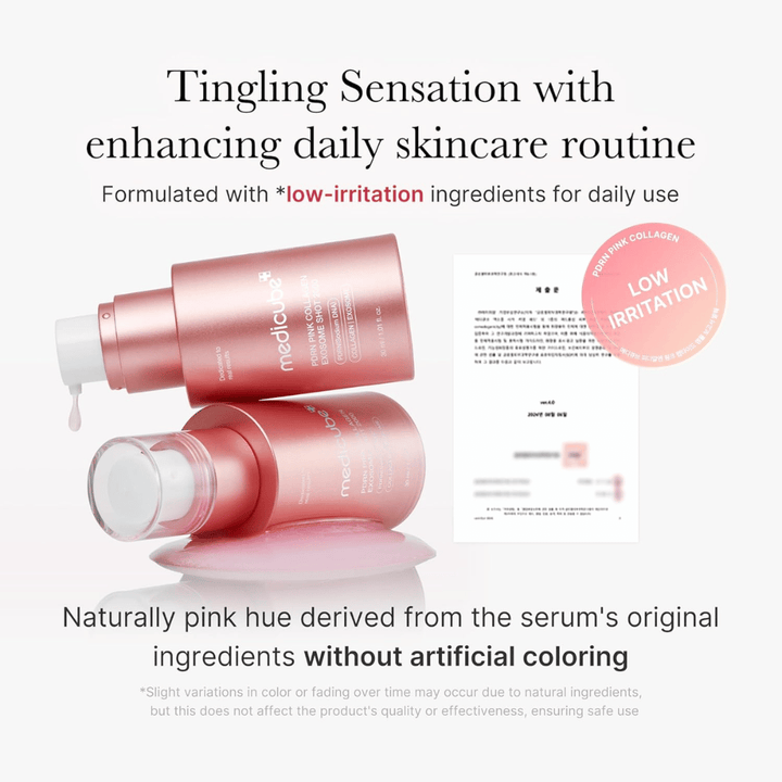 Medicube PDRN Pink Collagen Exosome Shot 2000 com informação sobre baixa irritação. O produto tem uma cor naturalmente rosa proveniente dos ingredientes e foi desenvolvido para uso diário com uma sensação suave na pele.