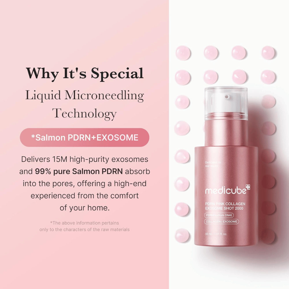 Medicube PDRN Pink Collagen Exosome Shot 2000 em frasco rosa. A imagem destaca a tecnologia de microneedling líquido com exossomas e PDRN de salmão para apoiar a luminosidade, elasticidade e absorção da pele.