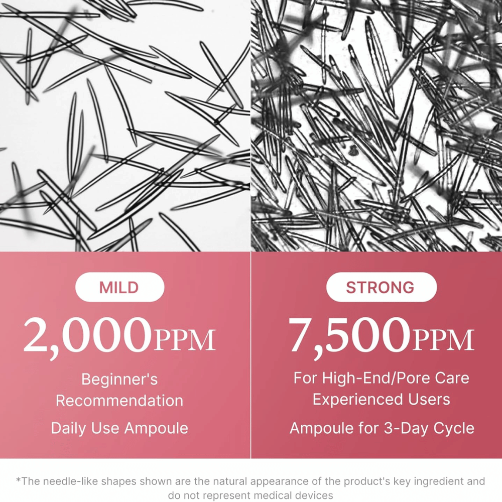 Comparação entre duas concentrações de Medicube PDRN Pink Collagen Exosome Shot. A imagem mostra 2 000 ppm para uso diário e iniciantes, e 7 500 ppm para utilizadores experientes, com foco no cuidado dos poros e nos cuidados intensivos da pele.