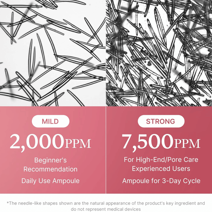 Comparação entre duas concentrações de Medicube PDRN Pink Collagen Exosome Shot. A imagem mostra 2 000 ppm para uso diário e iniciantes, e 7 500 ppm para utilizadores experientes, com foco no cuidado dos poros e nos cuidados intensivos da pele.