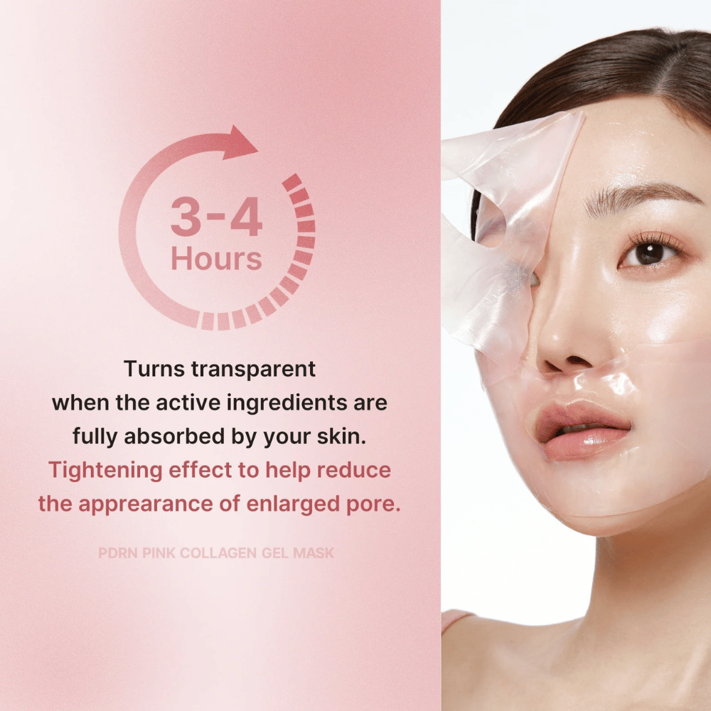 Medicube PDRN Pink Collagen Gel Mask com instrução para usar a máscara por 3-4 horas até se tornar transparente. A máscara absorve ingredientes ativos e firma a pele para reduzir os poros visíveis.