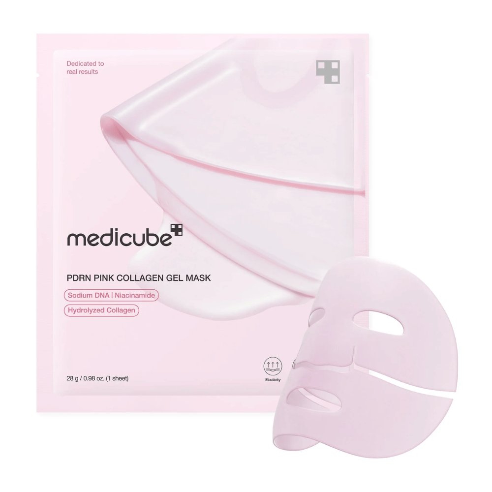 Uma embalagem rosa claro de medicube PDRN Pink Collagen Gel Mask com uma máscara de gel transparente ao lado. Contém ingredientes como DNA de sódio, Niacinamida e Colágeno Hidrolisado para elasticidade e hidratação.