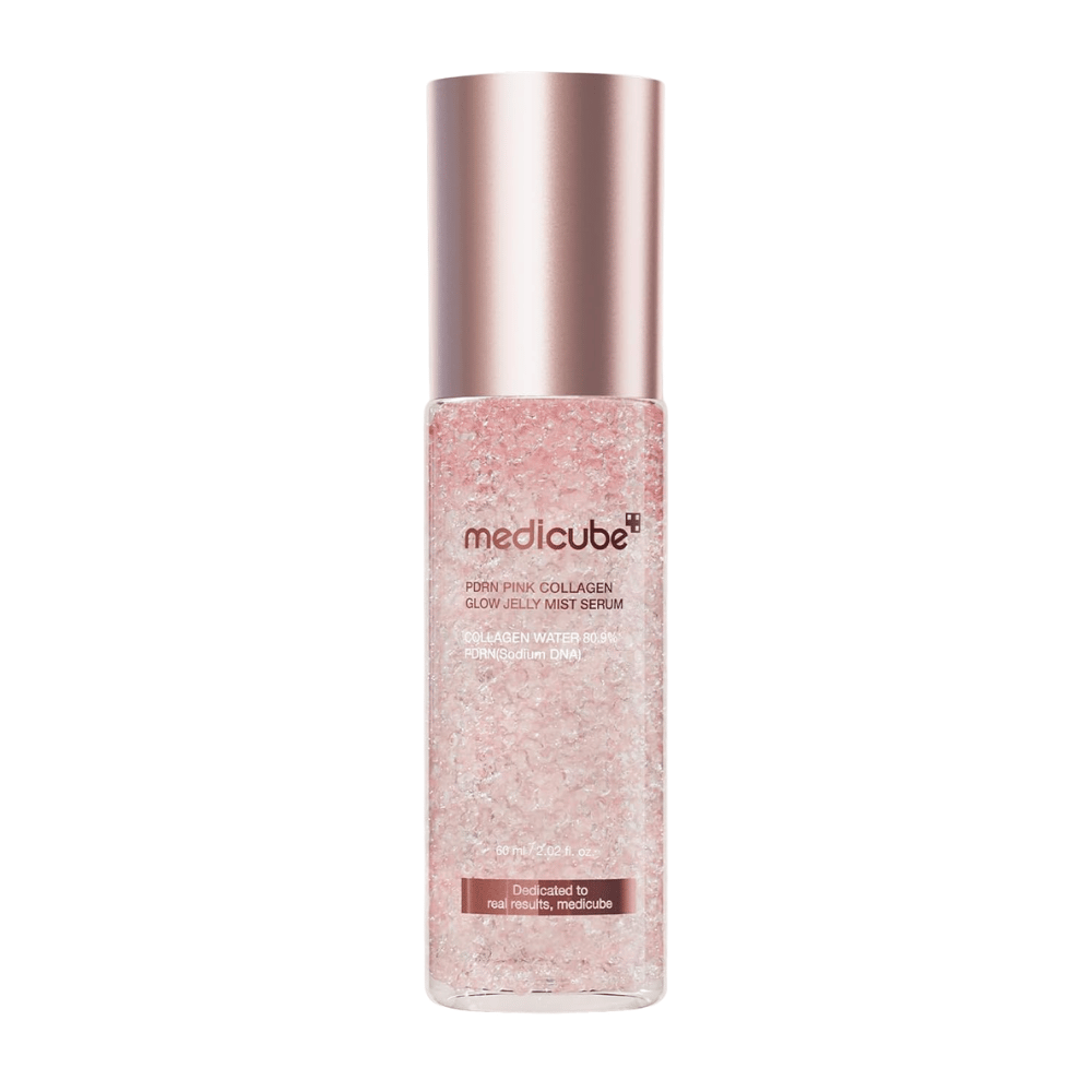 6. Medicube PDRN Pink Collagen Glow Jelly Mist Serum 60 ml – bruma facial hidratante rosa com colagénio e PDRN sobre fundo branco