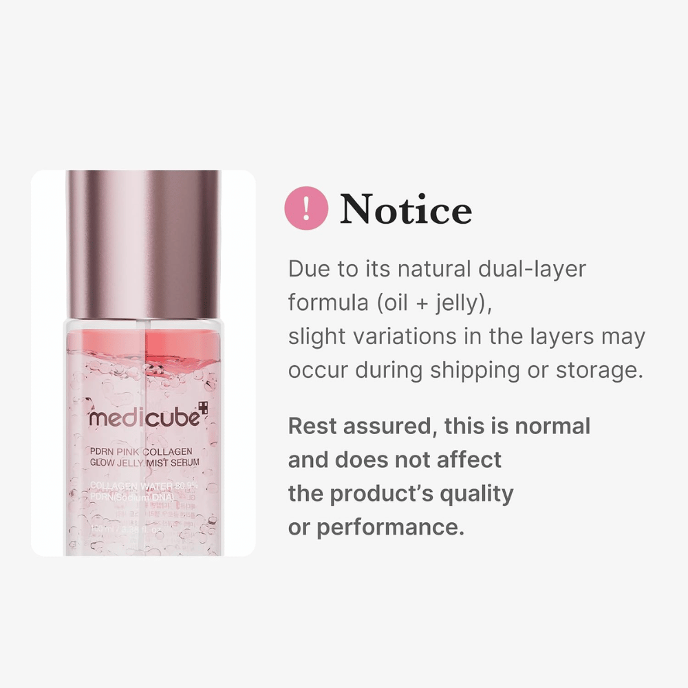 1. Medicube PDRN Pink Collagen Glow Jelly Mist Serum – fórmula bifásica com óleo e geleia que pode separar-se naturalmente