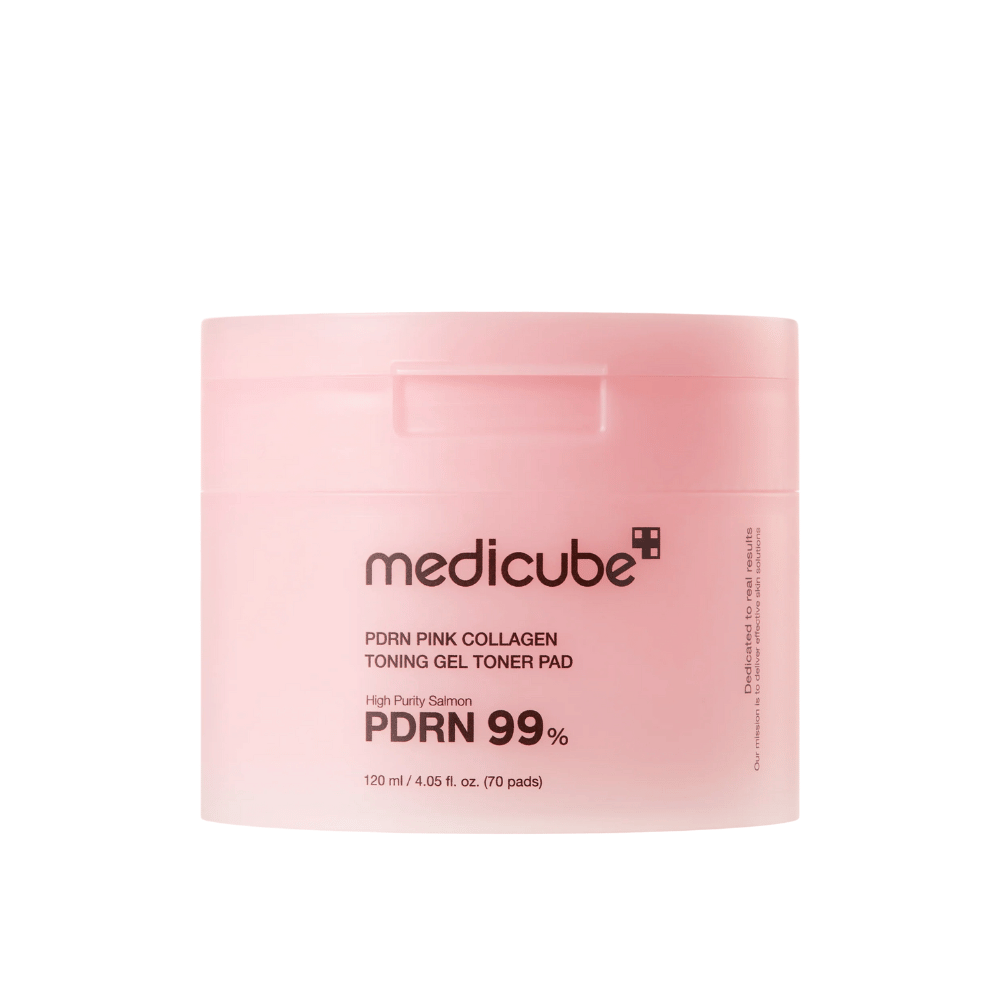 Medicube PDRN Pink Collagen Toning Gel Toner Pad em pote rosa com texto mostrando 99% de conteúdo de PDRN e 120 ml, projetado para melhorar a firmeza e o brilho da pele.