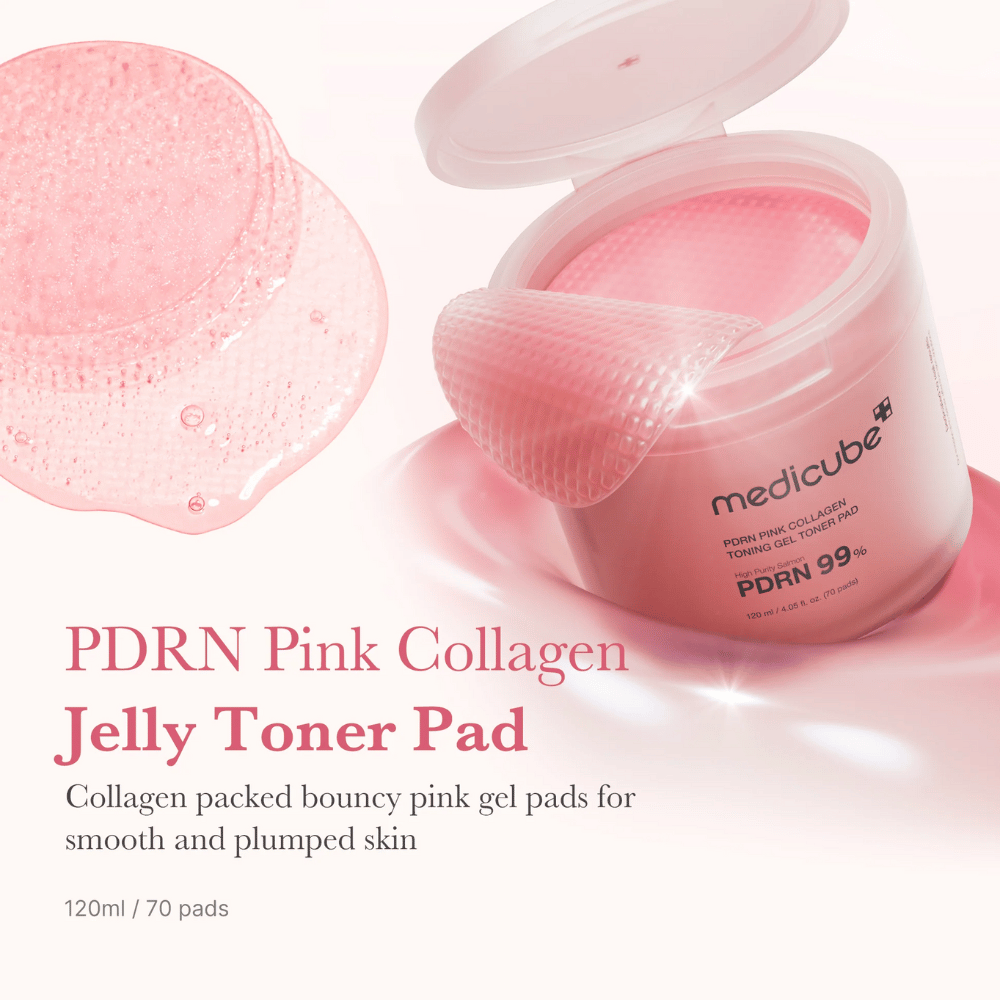 Pote aberto com Medicube PDRN Pink Collagen Jelly Toner Pads, com um pad de gel rosa elevado e texto descrevendo o conteúdo de colágeno para uma pele lisa e hidratada.
