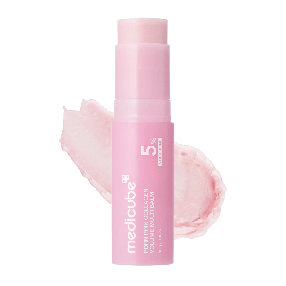 1. Medicube PDRN Pink Collagen Volume Multi Balm 10 g – stick de bálsamo rosa com PDRN e colagén, com textura cremosa, sobre fundo branco