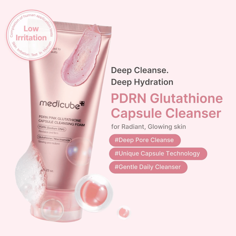 Medicube PDRN Pink Glutathione Capsule Cleansing Foam com baixa irritação para limpeza diária e uma pele mais clara com brilho natural