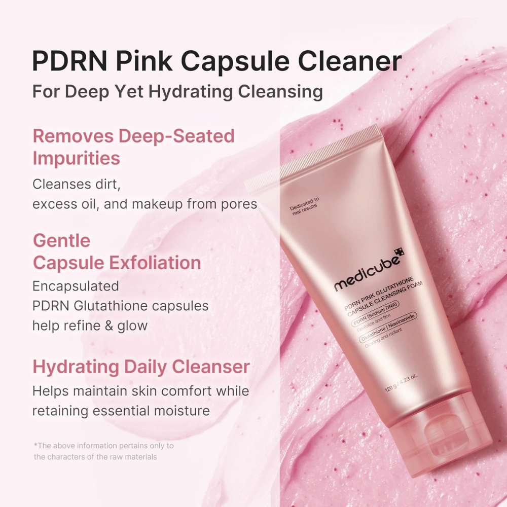 Medicube PDRN Pink Glutathione Capsule Cleansing Foam que remove sujidade, sebo e maquilhagem ao mesmo tempo que hidrata a pele