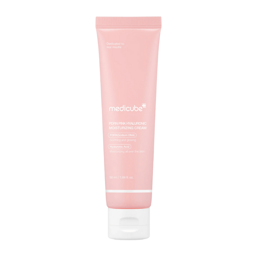 Medicube PDRN Pink Hyaluronic Moisturizing Cream i rosa tub med vit kork, en återfuktande kräm berikad med hyaluronsyra och salmon DNA PDRN.