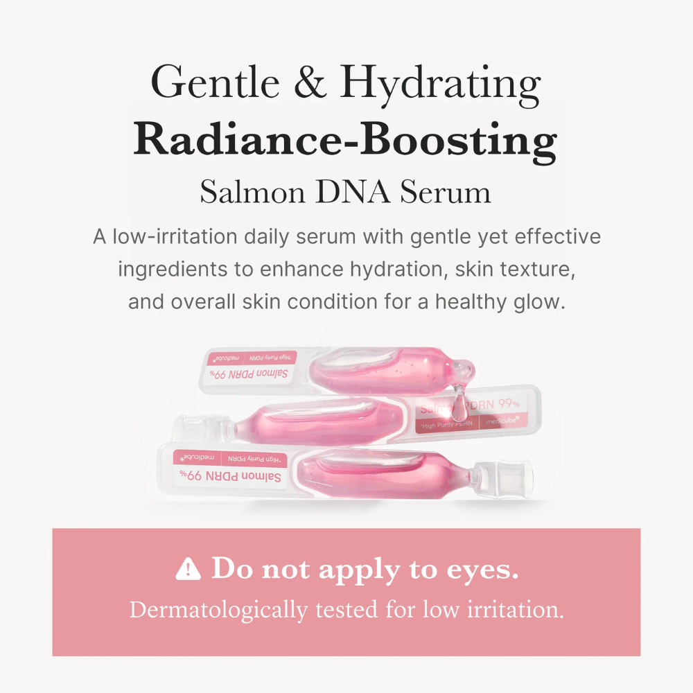 Medicube PDRN Pink One Day Serum em formato de ampola. A imagem descreve um sérum hidratante com ADN de salmão (PDRN) que foi dermatologicamente testado para baixa irritação e desenvolvido para uso diário.