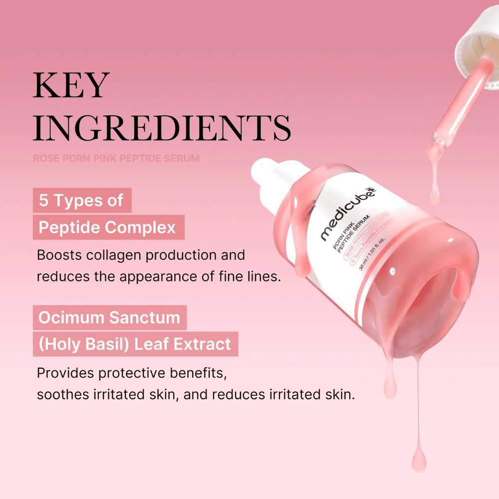 Medicube Rose PDRN Pink Peptide Serum – Sérum nutritivo para uma pele mais firme e calma.

💖 5 tipos de complexos de peptídeos – Estimula a produção de colágeno e reduz linhas finas.
🌿 Extrato de Ocimum Sanctum (Manjericão Sagrado) – Protege, acalma e reduz a irritação.

Perfeito para uma pele mais uniforme, hidratada e radiante!