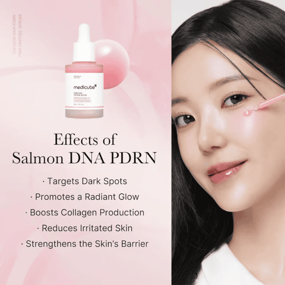 Medicube PDRN Pink Peptide Serum com ADN de salmão PDRN. Modelo aplica sérum rosa na bochecha com pipeta.