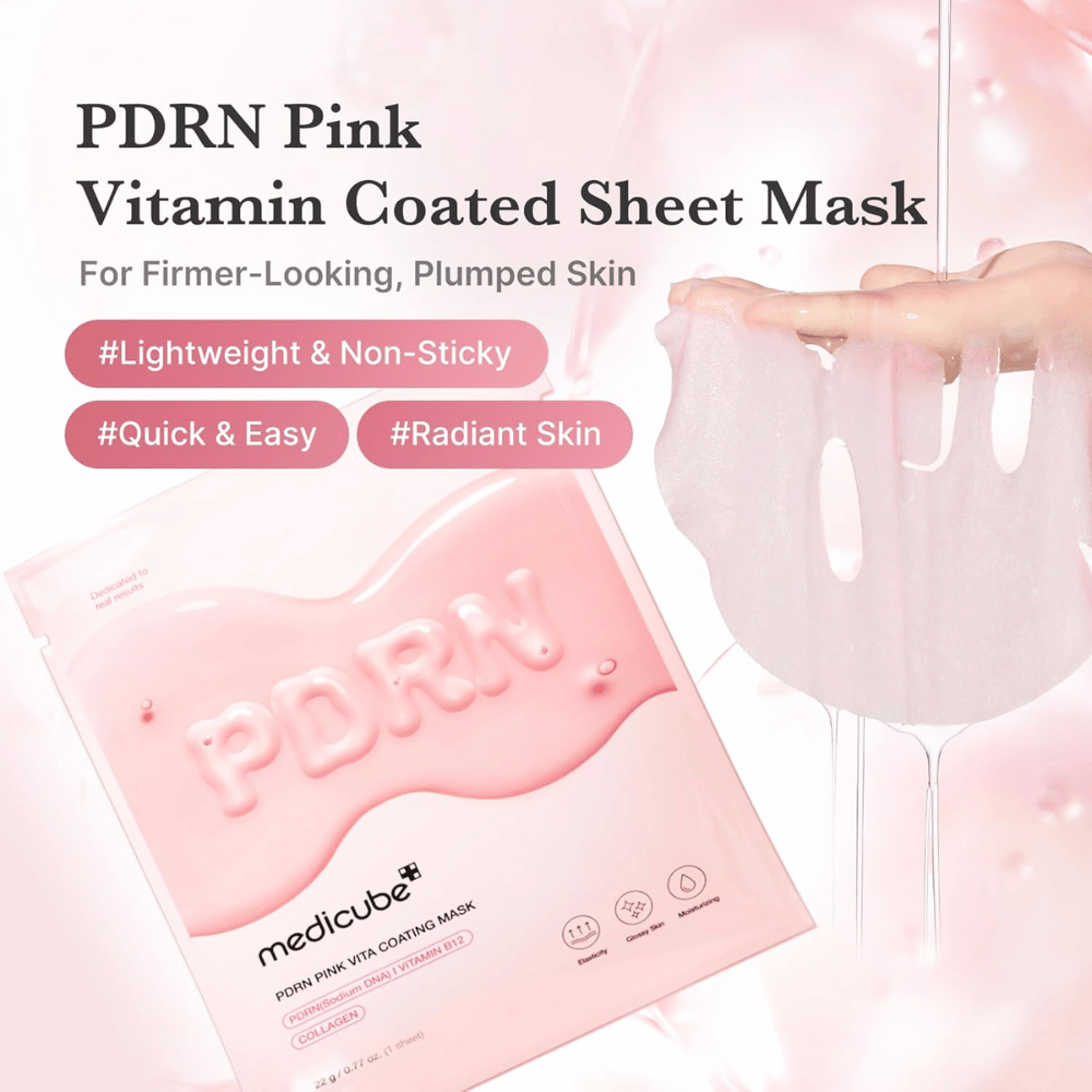 Imagem do produto com máscara e embalagem – foco na Sheet mask hidratante com sensação leve e não pegajosa.