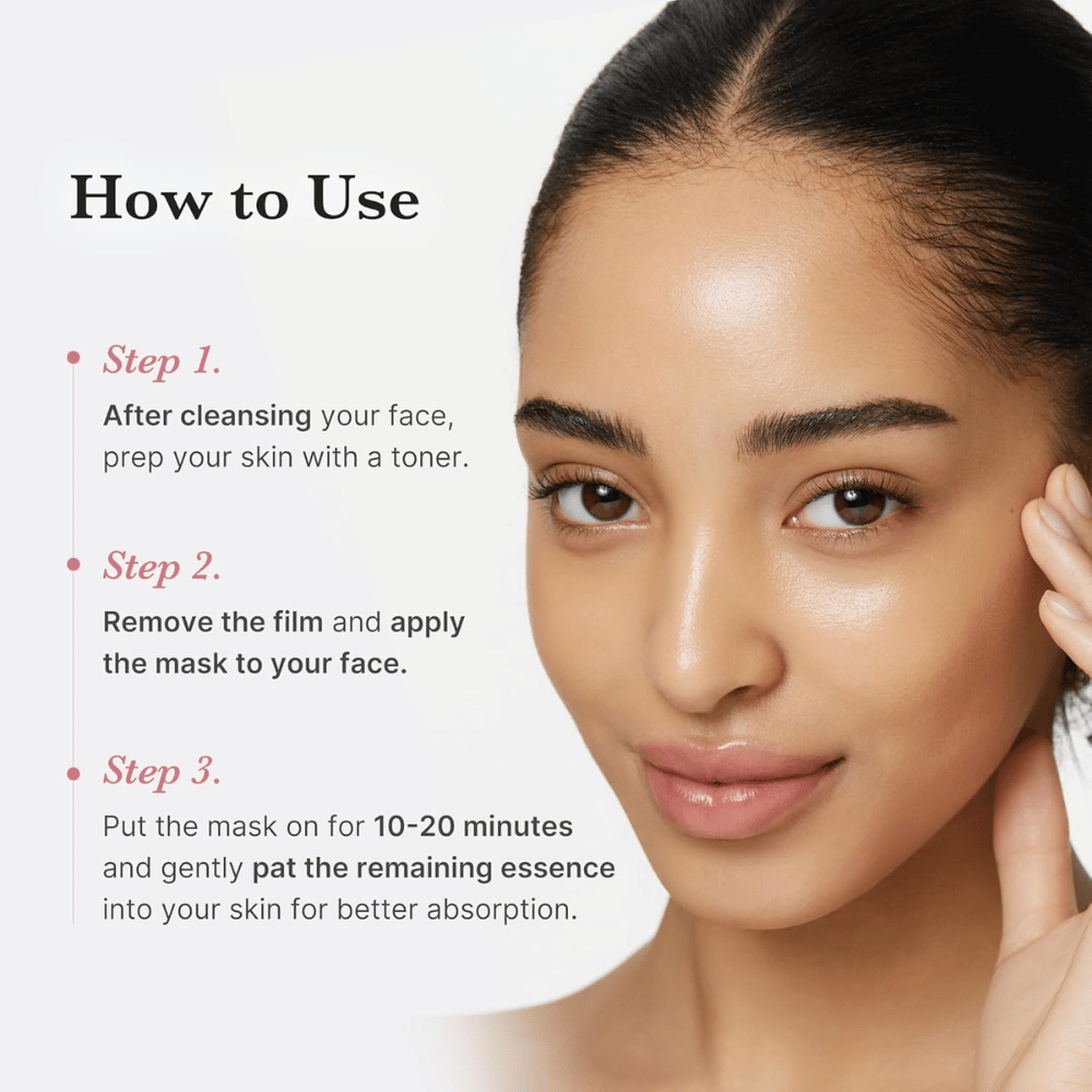 Imagem de instruções com modelo – passo a passo de como usar a sheet mask (limpeza, aplicação, deixar atuar 10–20 min).