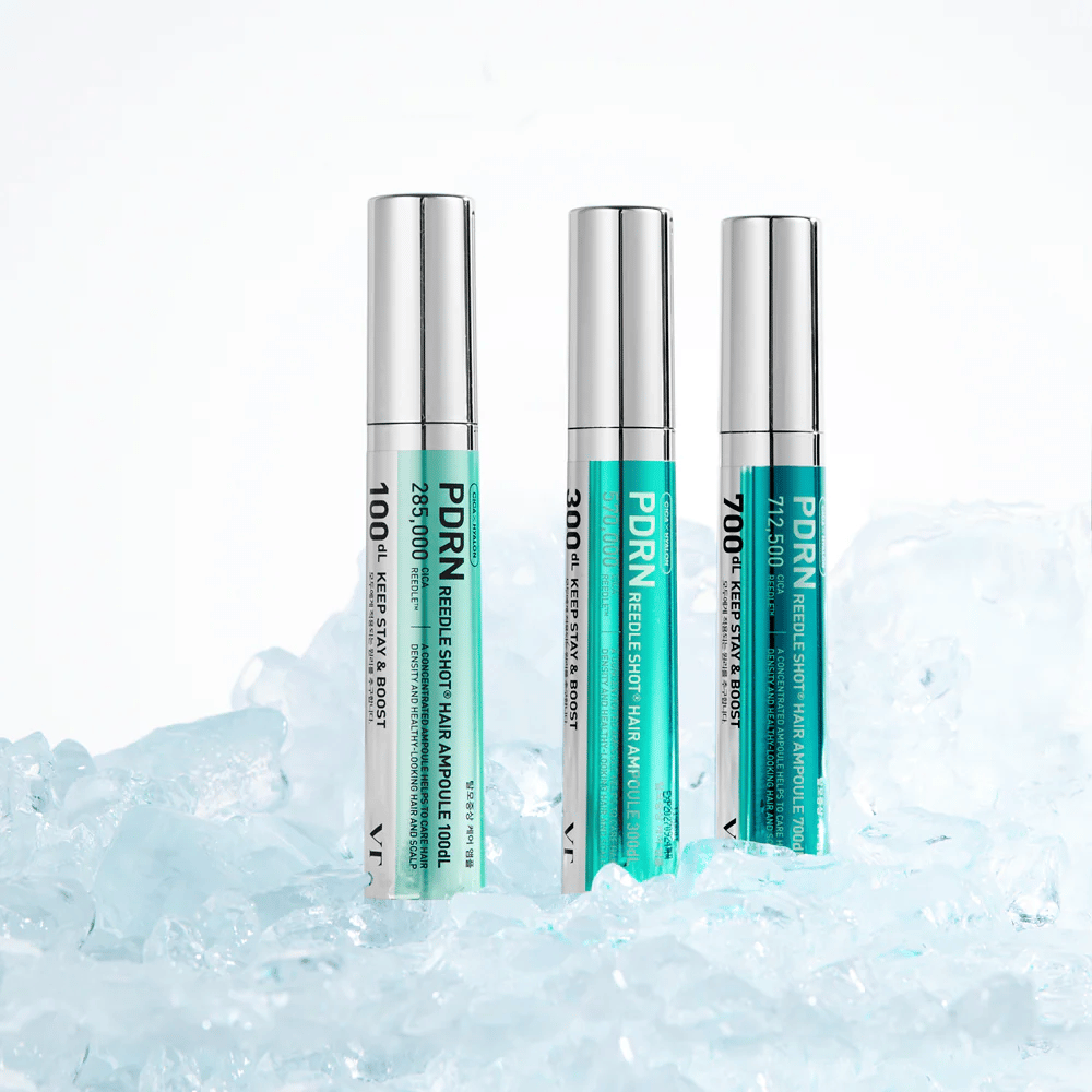 Várias variantes da Ampola Capilar Reedle Shot PDRN colocadas no gelo, simbolizando efeito refrescante e cuidado intensivo para um couro cabeludo equilibrado e saudável.