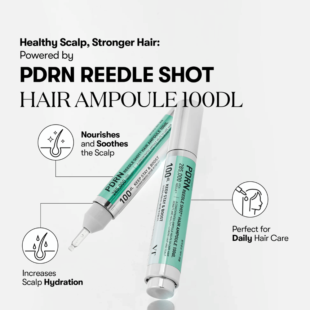 Apresentação do produto PDRN Reedle Shot Hair Ampoule 100dL com foco em benefícios como efeito calmante, aumento da hidratação no couro cabeludo e cuidado diário com o cabelo.