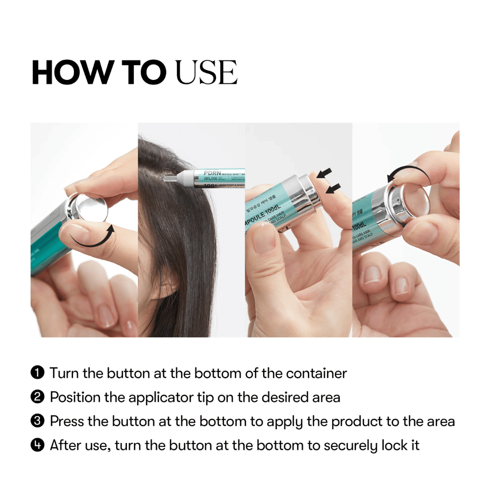 Imagem passo a passo mostrando como PDRN Reedle Shot Hair Ampoule 100dL é aplicada no couro cabeludo com função de torção e pressão para dosagem precisa e higiênica.