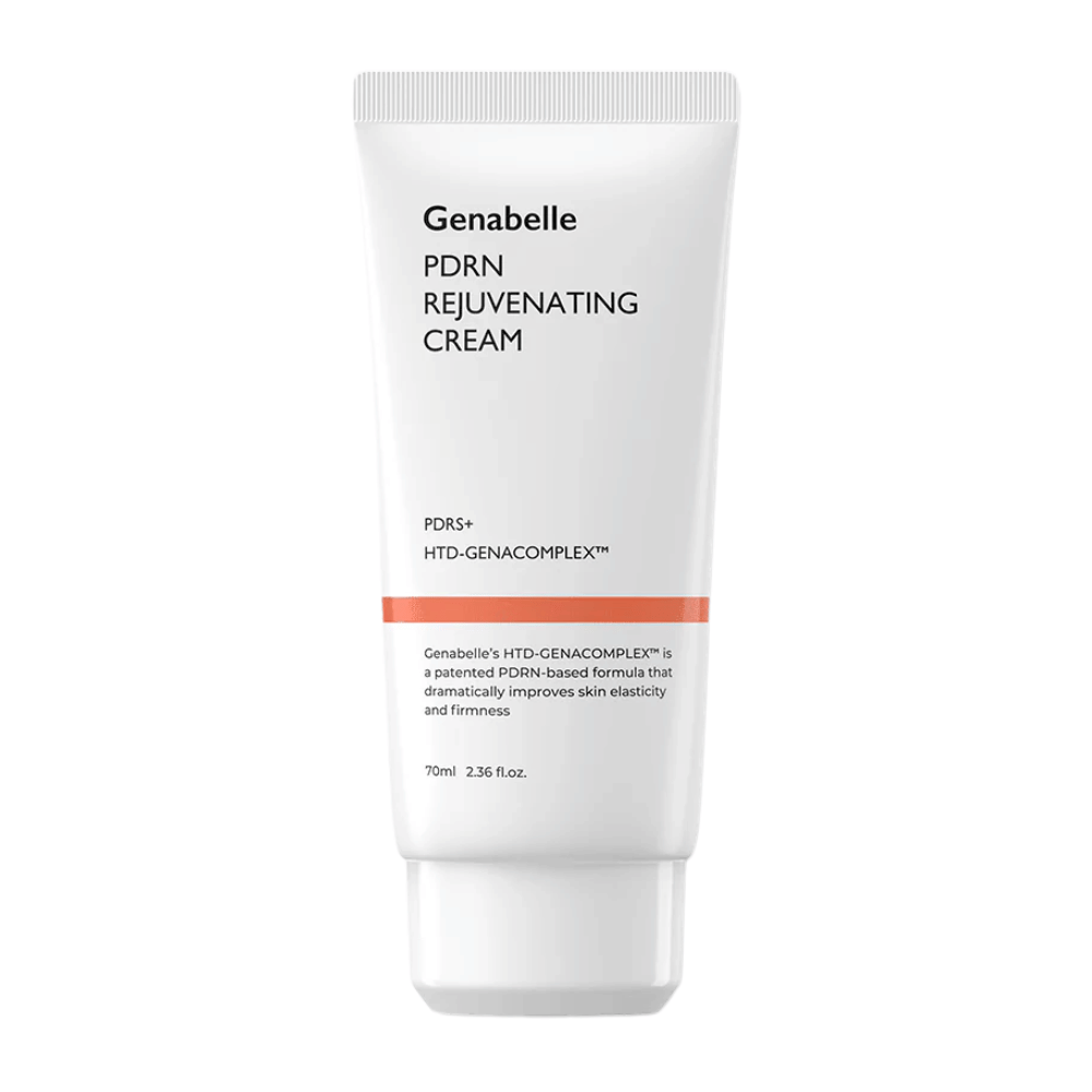 Imagem do produto de Genabelle PDRN Rejuvenating Cream em tubo branco sobre fundo branco. Creme facial hidratante com PDRN e HTD-GENACOMPLEX™ que ajuda a melhorar a elasticidade e a firmeza da pele.