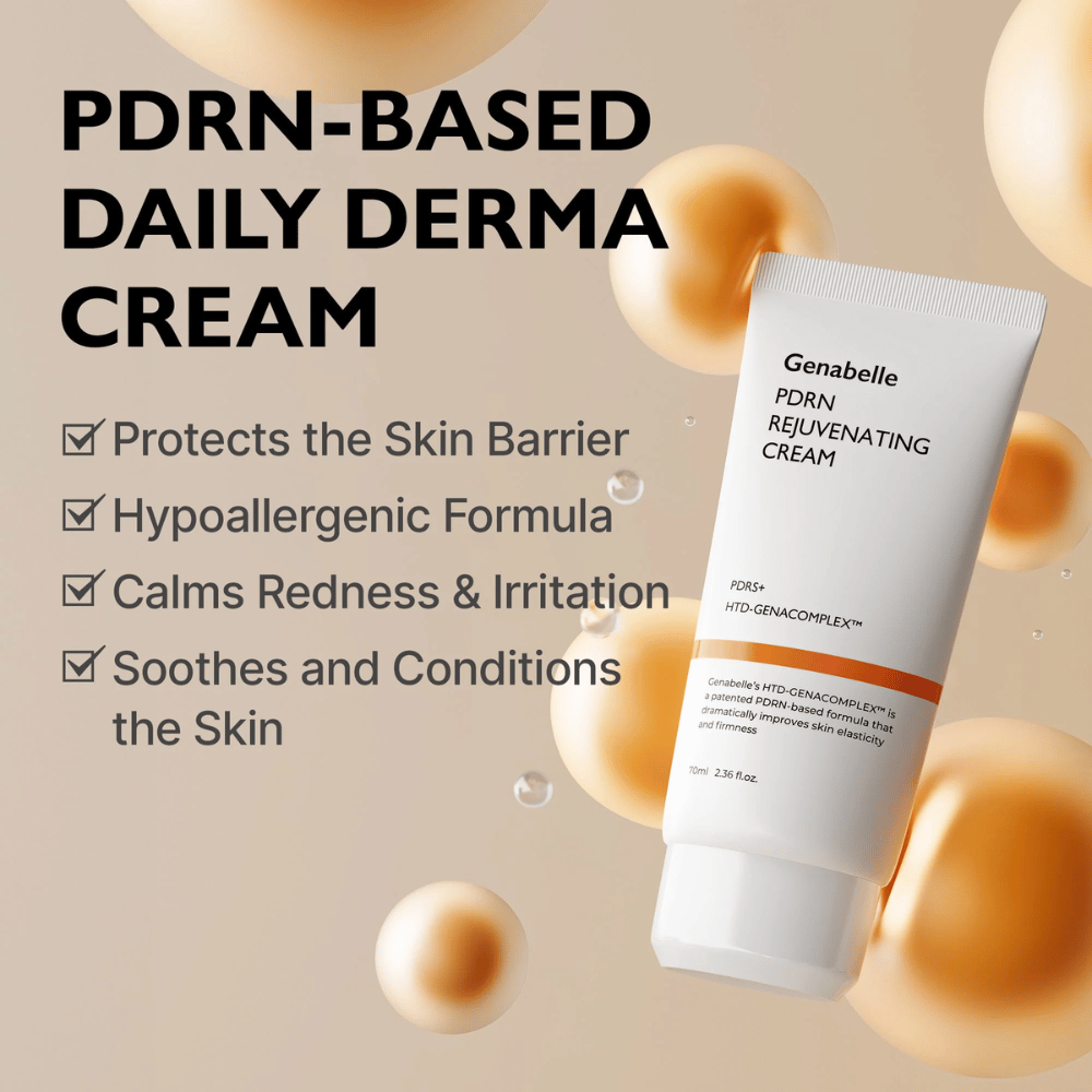 Genabelle PDRN Rejuvenating Cream rodeado por esferas douradas que simbolizam a tecnologia PDRN. A imagem destaca propriedades de reforço da barreira cutânea, efeito calmante e uma fórmula hipoalergénica para uso diário.