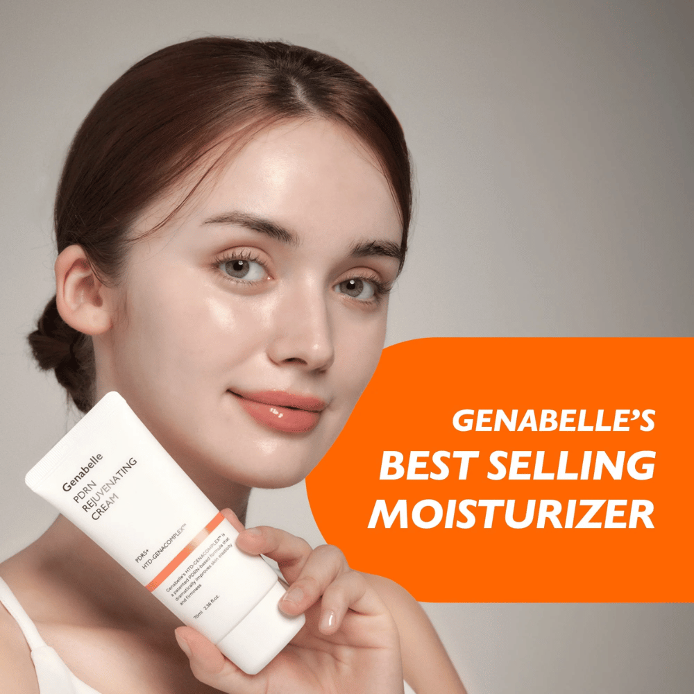 Uma pessoa segura Genabelle PDRN Rejuvenating Cream em frente à câmara. A imagem destaca o produto como um creme facial bestseller com foco na hidratação, renovação da pele e uma pele saudável e radiante.